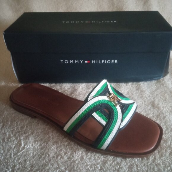 Tommy Hilfiger Shoes - TOMMY HILFIGER Tressi Logo Slide Sandals Shoes 6.5 M Medium Green Navy NEW NIB